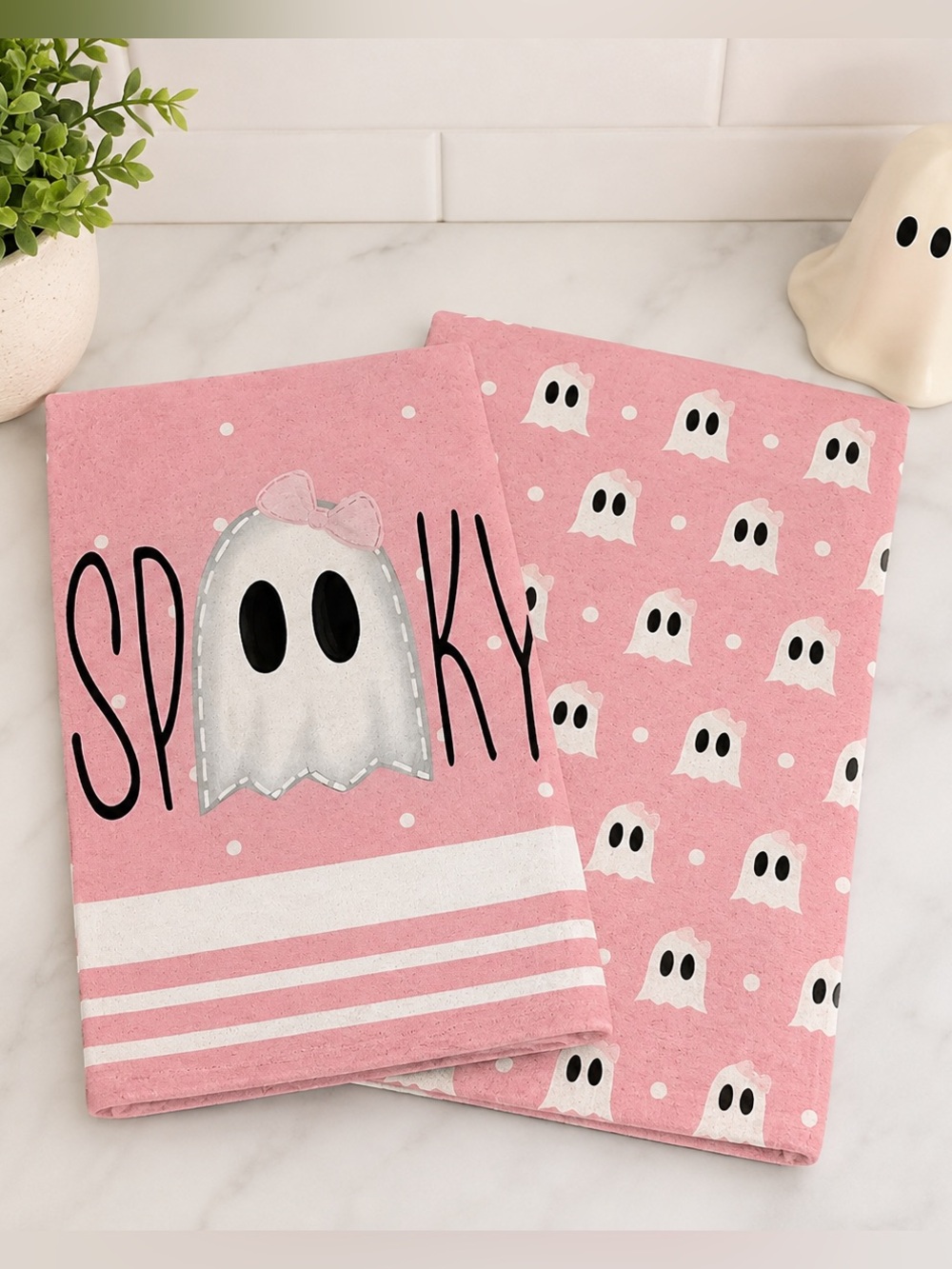 Halloween Ghost Kitchen Towels Pink Microfiber Spooky Decor 2 Piece Set NEW